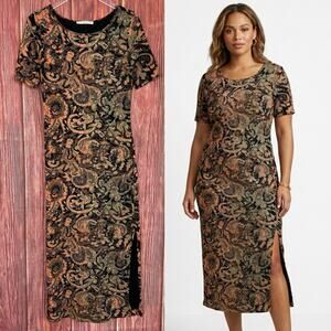 Peruvian Connection Black Print Maxi Dress Cotton Blend Short Sleeve Size Small